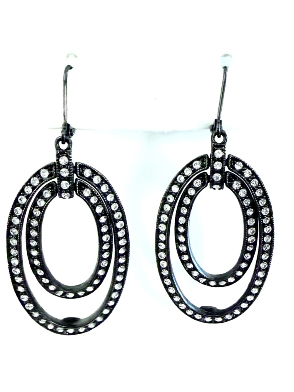 Givenchy Gunmetal Crystal Double Oval Drop Earrings Pavé Rhinestone Leverback
